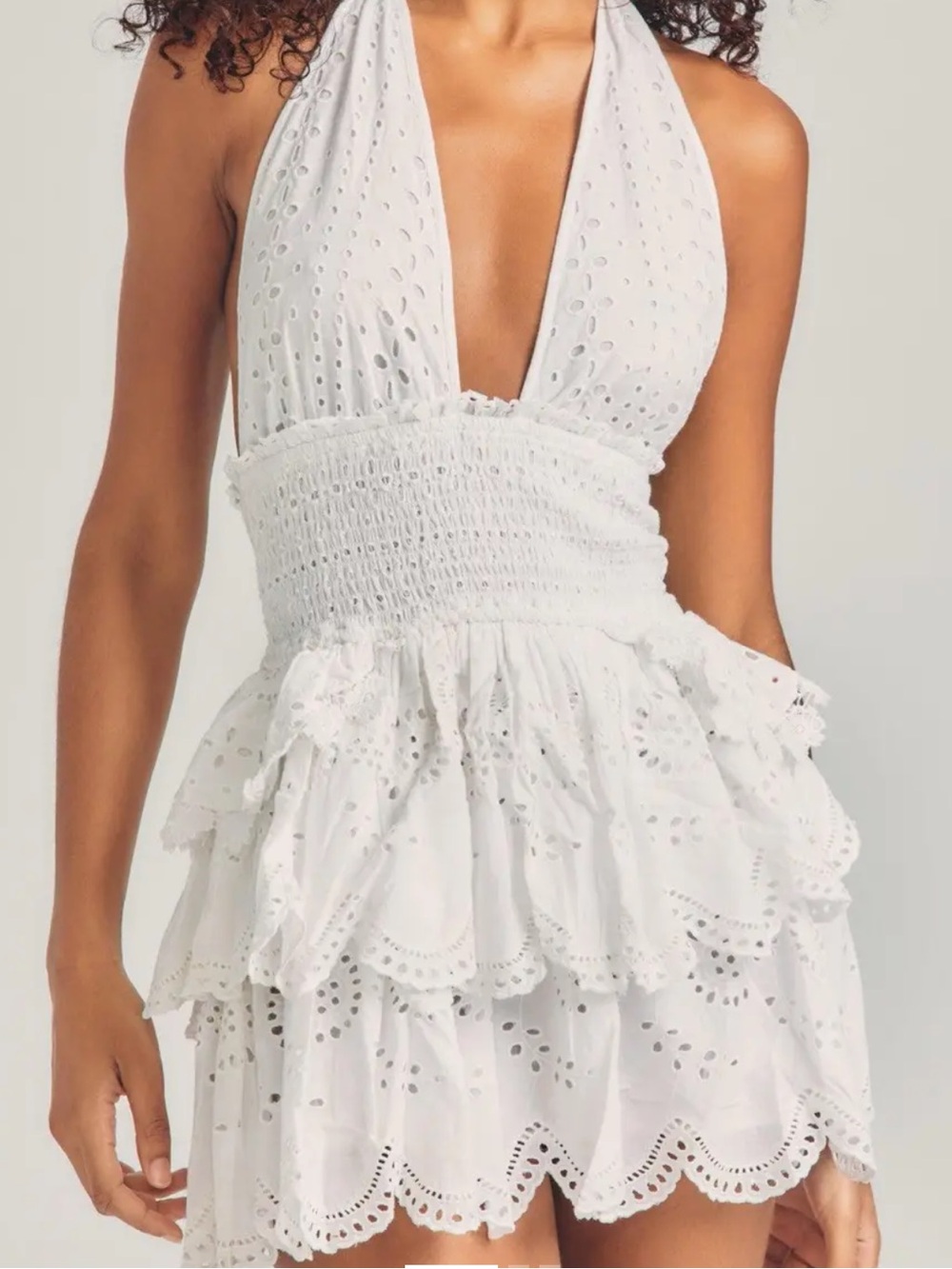 •LovShackFancy• white eyelet halter Deanna mini ruffle dress